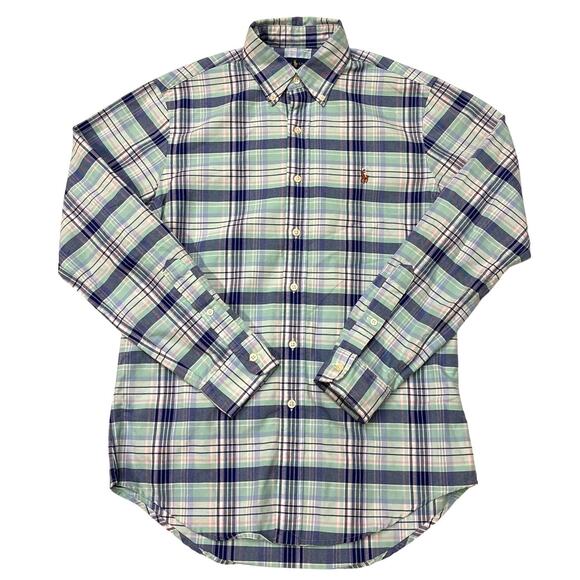 Ralph Lauren Shirt Mens Small Blue Twill Plaid Button Up Long Sleeve Flesh Pony - Picture 1 of 9